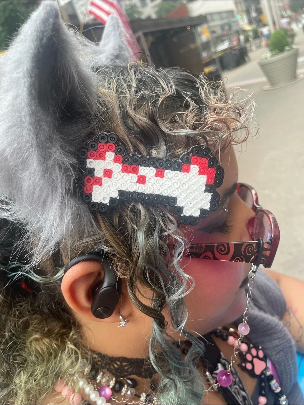 Handmade pixelated Hair Clip - Red, White & Black Bone Design